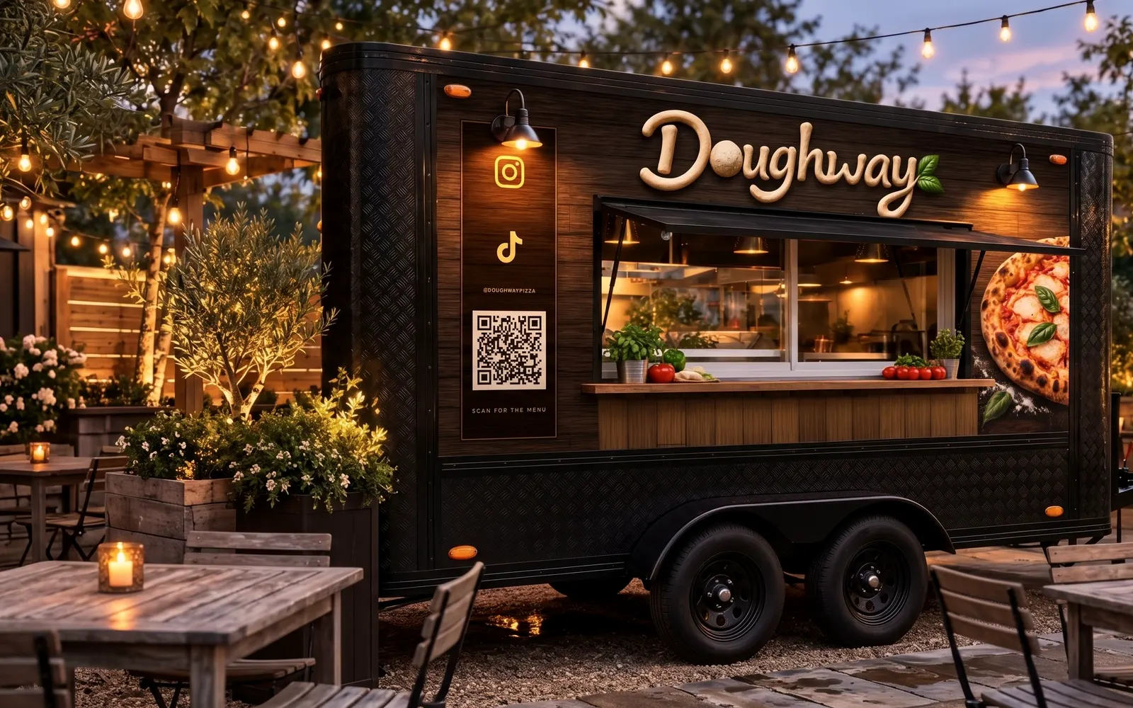 O truck da DoughWay com a janela de atendimento acesa ao entardecer