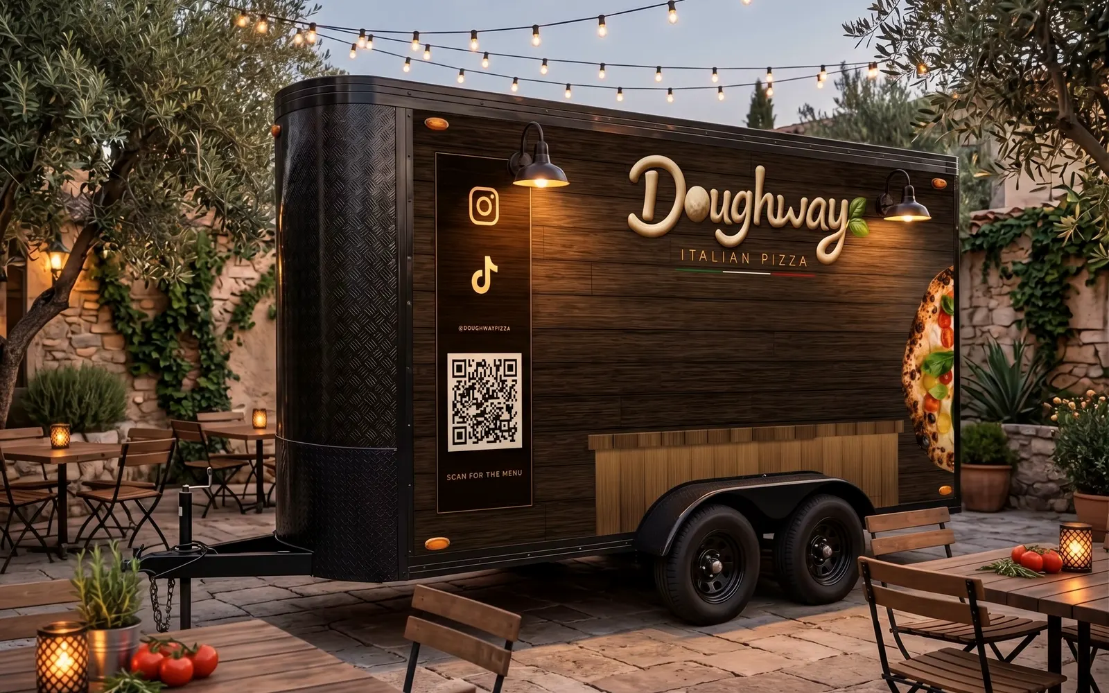Lateral del truck de DoughWay con el logo 3D y el código QR